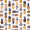Modern seamless pattern with pineapples of various texture on white background. Backdrop with tasty summer exotic juicy
