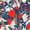 Modern seamless pattern with rough abstract shapes and blooming tulip flowers. Decorative floral backdrop in