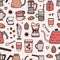 Modern seamless pattern with tools and utensils for coffee making or brewing, tasty desserts, spices. Coffeehouse