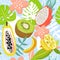 Modern seamless tropical pattern with dragon fruits, kiwi, papaya, lemon, banana, tropical leaves and flowers.