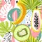 Modern seamless tropical pattern with kiwi, papaya, watermelon, banana and tropical leaves.