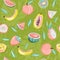 Modern seamless tropical pattern with watermelon, dragon fruit, strawberry, papaya, peach, lemon, kiwi, banana and leaves.
