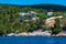 Modern seaside villas and houses in eastern Alonissos island, Greece