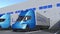 Modern semi-trailer trucks with LOGISTICS text being loaded or unloaded at warehouse. Loopable 3D animation
