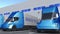 Modern semi-trailer trucks with MADE IN EU text being loaded or unloaded at warehouse. European Union business related