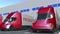 Modern semi-trailer trucks with PRODUCTION text being loaded or unloaded at warehouse. Loopable 3D animation