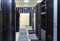 Modern server room with symmetry ranks supercomputers light