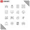 Modern Set of 16 Outlines Pictograph of file, delete, love, product, box