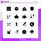 Modern Set of 16 Solid Glyphs and symbols such as rings, startup, building, development, shield