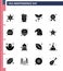 Modern Set of 16 Solid Glyphs and symbols on USA Independence Day such as meal; burger; food; police; investigating