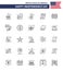 Modern Set of 25 Lines and symbols on USA Independence Day such as usa; country; alcohol; wedding; love
