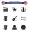 Modern Set of 9 Solid Glyphs and symbols on USA Independence Day such as music; drink; landmark; cola; washington