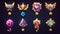 Modern set of game level icons, medals, stars, UI badges with wings, laurel and golden crowns. Bonus, reward