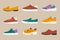 Modern shoes icons. Sneakers, training shoes, loafers, oxfords, sport shoes, womens footwear set, hand drawn vector