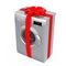 Modern Silver Washing Machine with Red Ribbon and Bow as Gift. 3