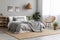 modern simple Nordic Bedroom with Gray Linen Bedding and Woven Rug, AI Generative