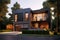 Modern single family home, residential sustainable house with woodwork in forest. Scenery of contemporary dwelling, light and