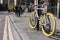 Modern single gear bycicle with yellow tyres