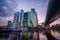 Modern skyscrapers of Moscow City on the Moskva River at night in summer, Russia