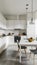 Modern, sleek kitchen with white surfaces, pendant lights, fruit bowl, and polished concrete floors.