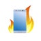 Modern smartphone under fire icon. Burn battery cell phone. Bad quality. Danger device