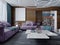 Modern soft sofas in the living room, purple with a white marble coffee table with interior decor