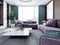Modern soft sofas in the living room, purple with a white marble coffee table with interior decor