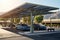 A modern solar carport for public vehicle parking is outfitted with solar panels producing renewable energy. Generative AI