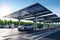 A modern solar carport for public vehicle parking is outfitted with solar panels producing renewable energy. Generative AI