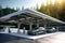 A modern solar carport for public vehicle parking is outfitted with solar panels producing renewable energy. Generative AI