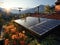 Modern solar panel on th roof with plants at morning, Solar panel on red roof reflecting sun and cloudless blue sky. Ai generative