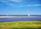 Modern solar station with blue panels and windfarm with wind turbines stand in field with green grass and clouds above