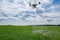 A modern solution in agricultural. Use of robotic systems with agriculture spraying drone fly to sprayed spraying chemical from