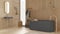 Modern soothing bathroom with wooden walls and floor in gray tones, spa, hotel, freestanding bathtub, ceramic washbasin, towel