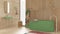 Modern soothing bathroom with wooden walls and floor in green tones, spa, hotel, freestanding bathtub, ceramic washbasin, towel