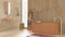 Modern soothing bathroom with wooden walls and floor in orange tones, spa, hotel, freestanding bathtub, ceramic washbasin, towel