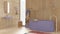 Modern soothing bathroom with wooden walls and floor in purple tones, spa, hotel, freestanding bathtub, ceramic washbasin, towel