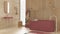 Modern soothing bathroom with wooden walls and floor in red tones, spa, hotel, freestanding bathtub, ceramic washbasin, towel rack