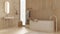 Modern soothing bathroom with wooden walls and floor, spa, hotel, freestanding bathtub, ceramic washbasin, towel rack, pendant