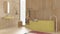 Modern soothing bathroom with wooden walls and floor in yellow tones, spa, hotel, freestanding bathtub, ceramic washbasin, towel