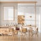 Modern, spacious kitchen with wooden island and wooden dining table. 3D illustration