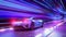 A modern sports car drives quickly through an abstract light tunnel . 4k 3d render