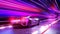 A modern sports car drives quickly through an abstract tunnel of ultraviolet light