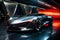 Modern sports car parked in illuminated tunnel. Generative AI