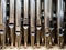 Modern steel organ pipes, structure of organ, musical instrument. close up view inside of musical instrument