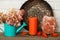 A modern still life with an aromatic candle and a Nepalese salt lamp. Bright orange decor for home and office