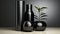 Modern still life. Group of black contemporary metal and ceramic vases of various shapes, sizes and textures. Interior wallpaper