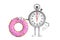 Modern Stopwatch Cartoon Person Character Mascot with Big Strawberry Pink Glazed Donut. 3d Rendering