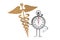 Modern Stopwatch Cartoon Person Character Mascot with Golden Medical Caduceus Symbol. 3d Rendering