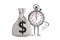 Modern Stopwatch Cartoon Person Character Mascot with Tied Rustic Canvas Linen Money Sack or Money Bag with Dollar Sign. 3d